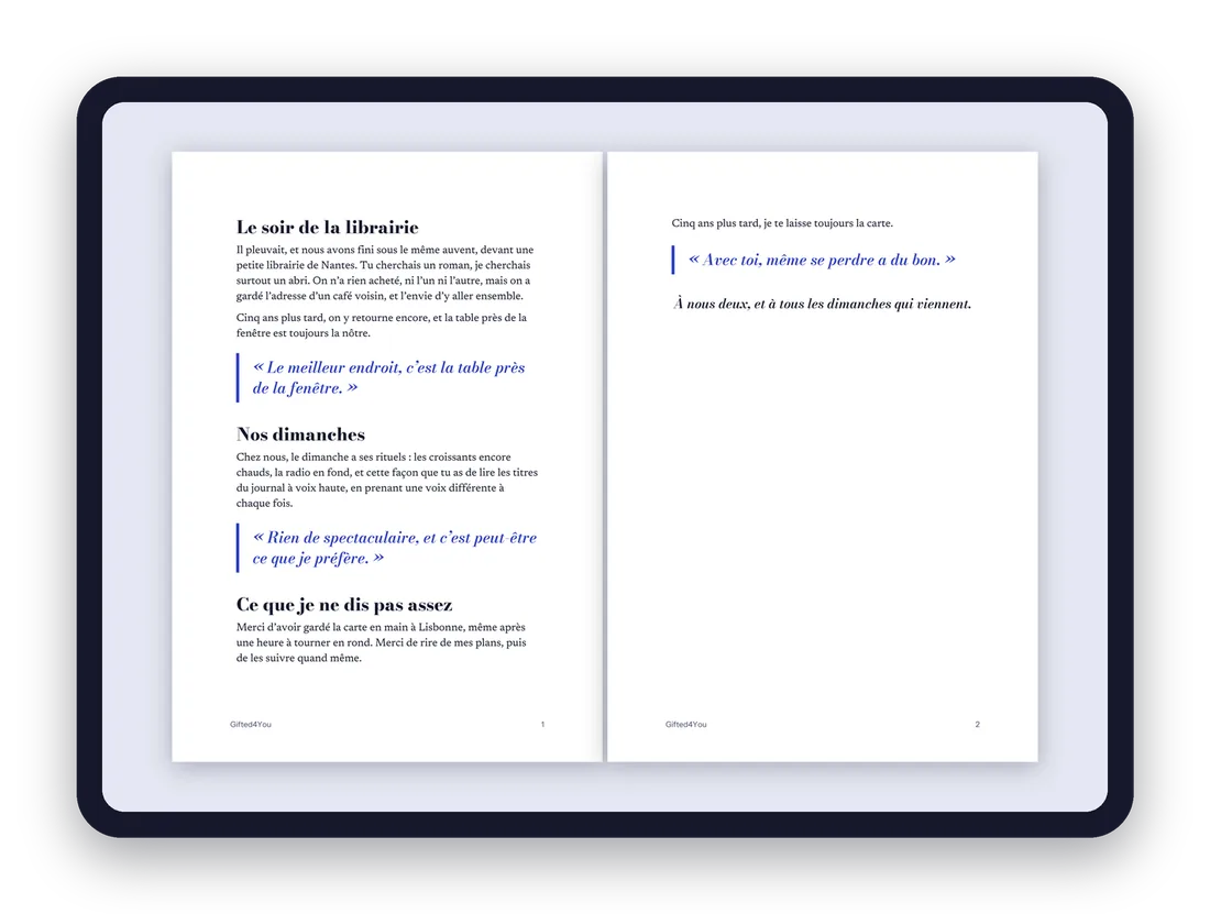 Deux pages intérieures d'un magazine, affichées sur une tablette
